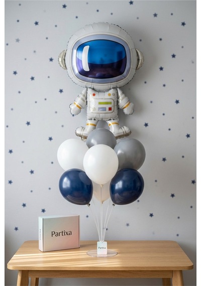 Astronot Balon Stand Seti Şeffaf 7 Li Stand + Astronot Folyo Balon 60 80 Cm + 7 Lateks Balon