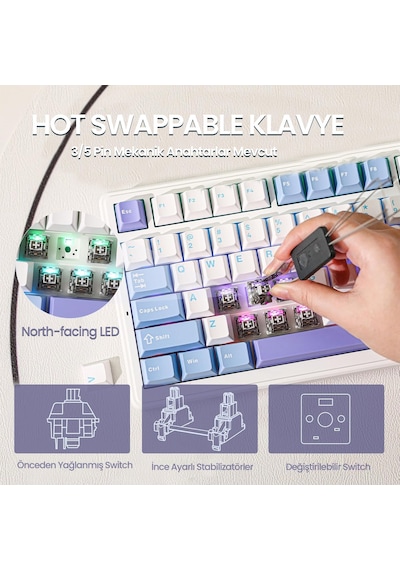 Aula F99 3 Modlu Rgb Hot Swap Mekanik Reaper Switch Kablosuz Makrolu Klavye Mavi