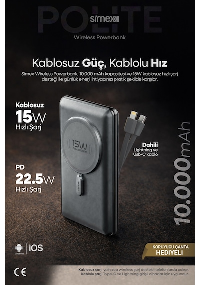 Simex 10.000mAh MagSafe Powerbank 15W Wireless / 22.5W Hızlı Şarj - Dahili Type-C Lightning Kablolu S-38