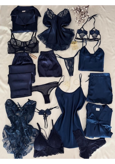 Mh Moony Homewears Kutulu 16 Parça Dev Danza Kudzo Lacivert Saten Pijama Gecelik Sabahlık Iç Giyim Çeyiz Seti Muhteşem Lacivert