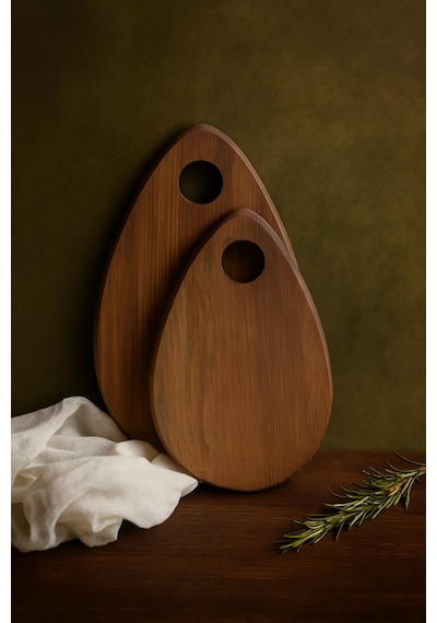 Fam Wood Art Damla Model 2'li Kesme Sunum Doğrama Tahtası, Servis Tabağı %100 Çam Ağacı Kahverengi
