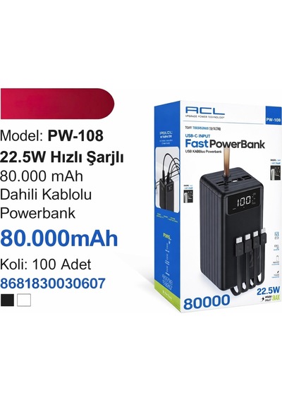 Hızlı Powerbank 80.000mah Pw-108 Hızlı Şarj 22.5w Lcd Gösterge, Dahili Lightning, Type-c Ve Micro Kablolu 7 Portlu Usb Hub siyah