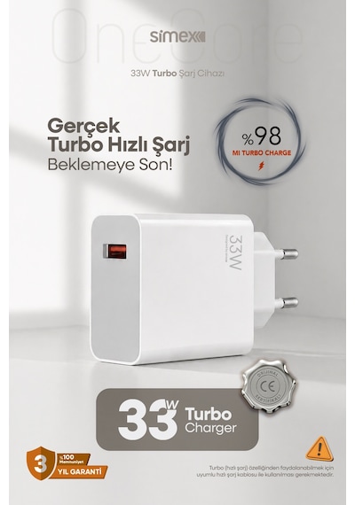 Simex Xiaomi, Redmi, Poco, Uyumlu 33 Watt Hızlı Turbo Şarj Başlığı Ce Belgeli Sps-19
