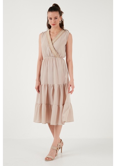 Lela Regular Fit Kruvaze Yaka Midi Bayan Elbise 6118103 Taş