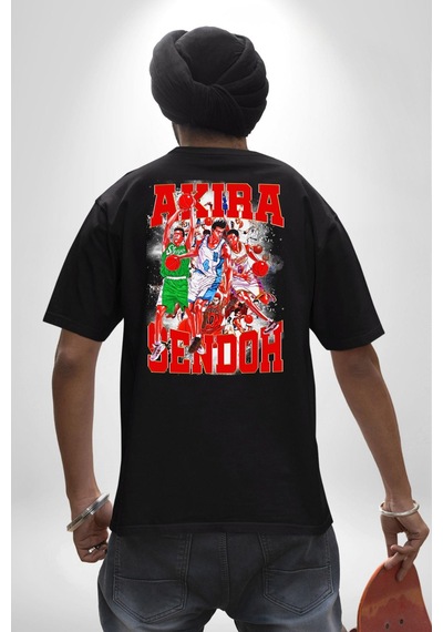 Basketbol Akira Sendoh Anime Slam Dunk Karakter Pamuklu Unisex Oversize Sırt Dijital Baskılı Siyah T-shirt Siyah