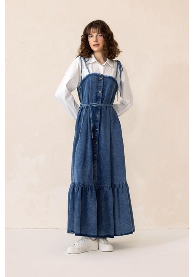 Olcay Gömlek Espirili Eteği Volanlı Denim Elbise Mavi 9305-e