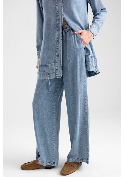 Olcay Büzgü Detaylı Soft Denim Ceket Pantolon İkili Takım Mavi 9472-tk