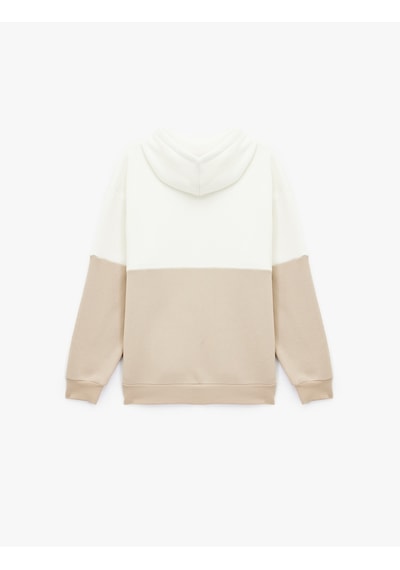 Koton Kapşonlu Renk Bloklu Pamuklu Şardonlu Oversize Kanguru Cepli Hoodie Bej 6wam70033mk Ekru