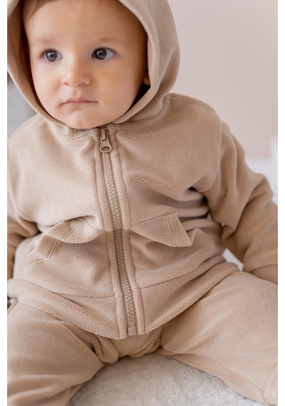 Mininio Unisex Çocuk Kapşonlu Kanguru Cepli Polar Ceket - Bej Bej