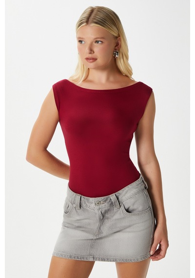 Ritnice Kadın Nova Kayık Yaka Lux Touch Yumuşak Doku Kolsuz Bordo Bluz Bordo
