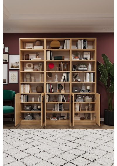Asra Trend K-51 %100 MDF 180 cm 3 Modüllü Kapaklı Kitaplık Raflı Kütüphane Safir Meşe