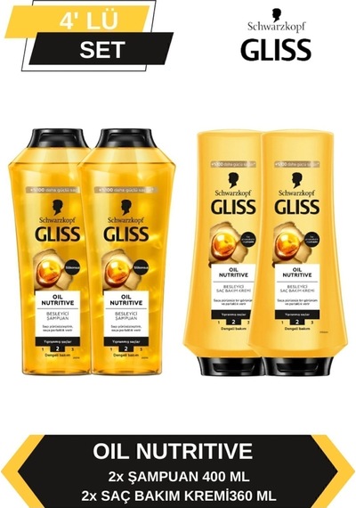Gliss Oil Nutritive Şampuan 2 x 400 ML + Saç Kremi 2 x 360 ML
