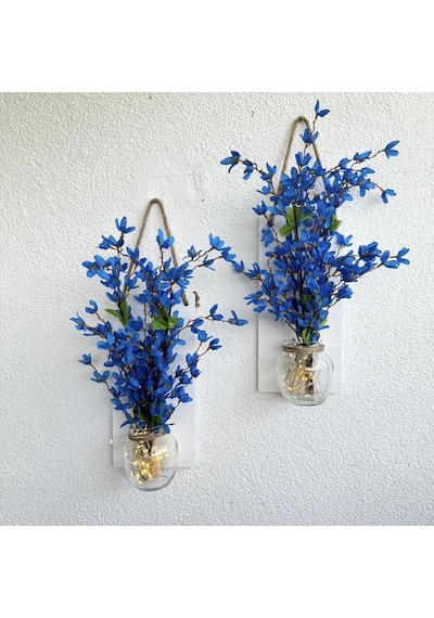 Led Işıklı, Mavi Sakura Çiçekli Duvar Dekoru Beyaz İkili Set