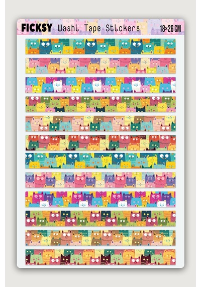 Sevimli Kedi Temalı Washi Tape Bant Sticker Seti - 12 Adet Şekilli Bant Etiket Çıkartma Diğer