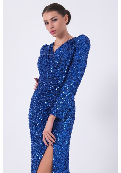 Feminist Saks Pul Payetli Drapeli Önü Yırtmaçlı Abiye 9705393.26 Saks