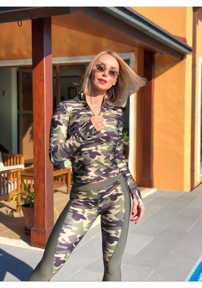 Lismina Haki Kamuflaj Parmağa Geçmeli Fermuarlı Uzun Kol Spor Bluz