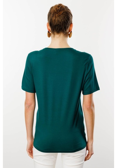 Kadın Açma Yaka Nakış İşlemeli Penye T-shirt Yeşil Yeşil