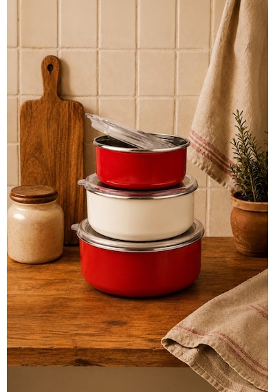 Bambum Lumino 3 Lü Emaye Saklama Kabı Kırmızı B7688 300+700+1000ml