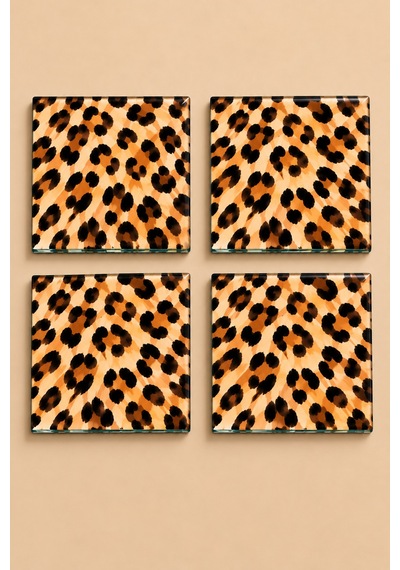 Gökçeoğlu Cam Bardak Altlığı Leopar Temalı 4'lü Takım 10cm X 10cm Çok Renkli