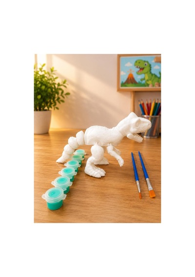 3d Trex Dinazor Figür Boyama Seti 17 Cm - Kendin Boya Hobi Ve Etkinlik Seti - Akrilik Boya + 2 Fırça
