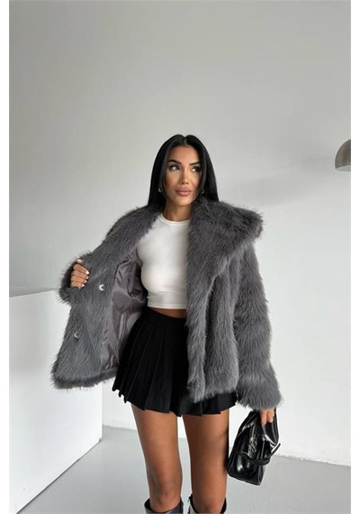 Neşeli Butik Kadın İçi Astarlı İthal Kürk Kaban Nbg111 Antrasit