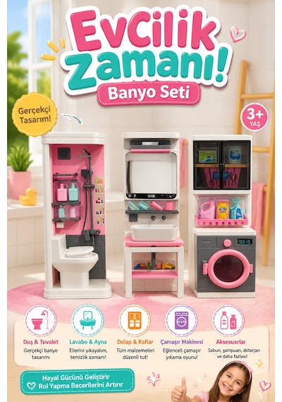 3'lü Gerçekçi Oyuncak Banyo Ve Çamaşır Makinesi Seti - Aksesuarlı Evcilik Rol Yapma Oyunu 3+ Yaş