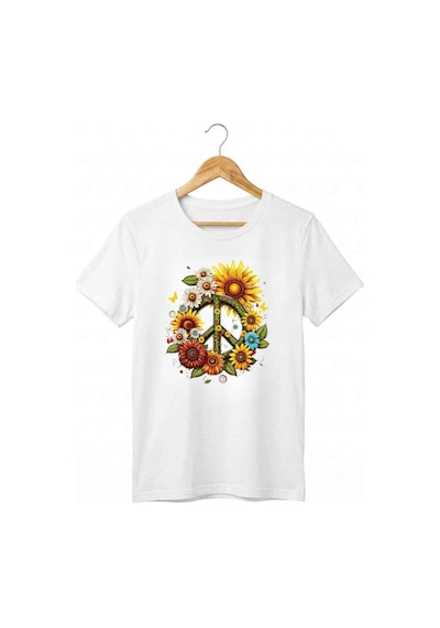 Kadın Bisiklet Yaka Ayçiçeği Ve Barış Logo Desenli Dijital Baskılı T-shirt Beyaz