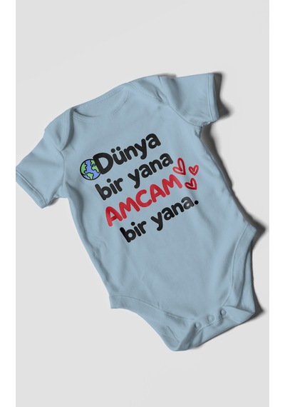 Morivokids Dünya Bir Yana, Amcam Bir Yana Kısa Kollu Bebek Body %100 Pamuk Zbn170-kk Bebe Mavisi