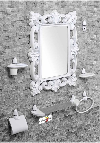 Büyük Dev 77 Cm Aynalı Çok Parçalı 7 Parça Beyaz Banyo Ayna Seti Beyaz