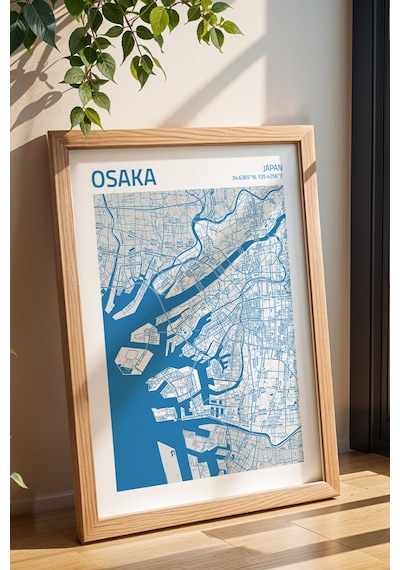 Osaka Japonya Japan Haritası Çerçeveli Tablo Lüks Salon Ofis Duvar Dekorasyonu Hediyelik Tablo Kayın