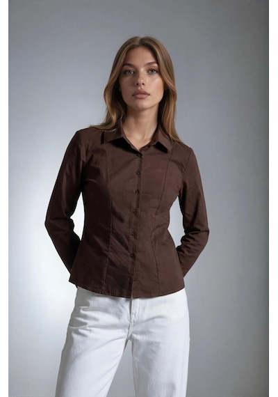 Madmext Kahverengi Vücuda Oturan Slim Fit Kadın Gömlek Mg2659 Kahverengi
