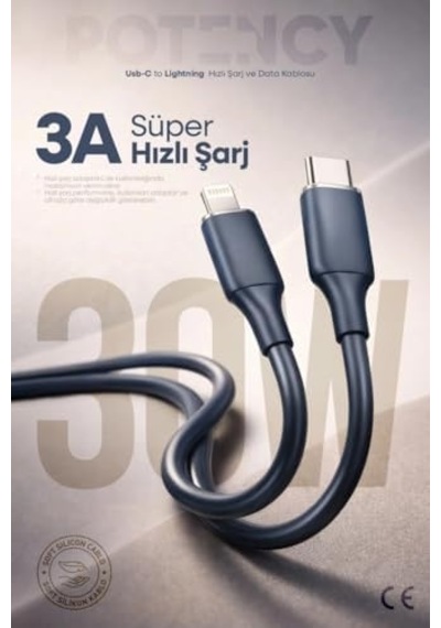 30w Potency Type-c To Lightning İle Uyumlu Isıya Dayanıklı Hızlı Şarj Ve Data Kablosu 1.2m Siyah