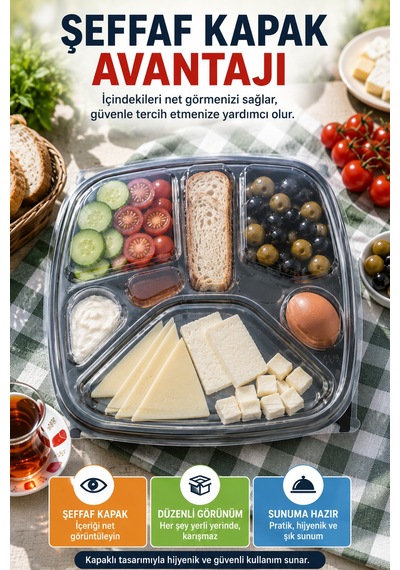 Tabldot 7 Bölmeli Kapaklı Kahvaltı Seti Pet Tek Kullanımlık Piknik Ofis Brunch Servis Kabı 29,5cm Xl Siyah