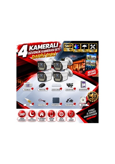4 Kameralı Sesli Güvenlik Kamerası Seti 5mp Yapay Zeka Gece Renkli Görüş 21 Warm Led Ultra Hd 915ws