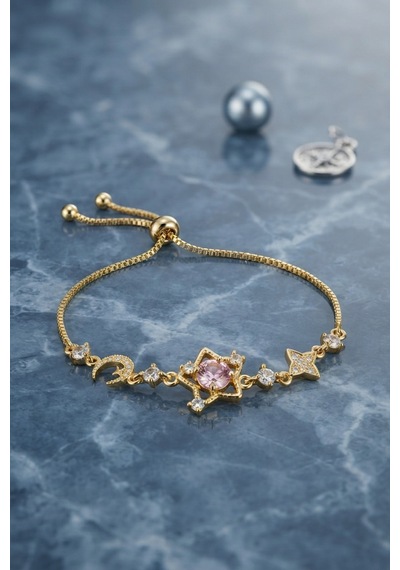 Pembe Taşlı Yıldız Model Gold Renk Zirkon Taşlı Asansörlü Bileklik Açık Mavi