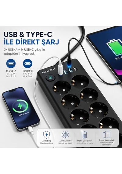 Çoklu Priz 10 Lu Grup Priz Usb Li 3x Usb-a, 1x Usb-c , 3680w 16a, 2 Metre Kablo, Topraklı Uzatma Kablosu, Ev Ofis Gaming