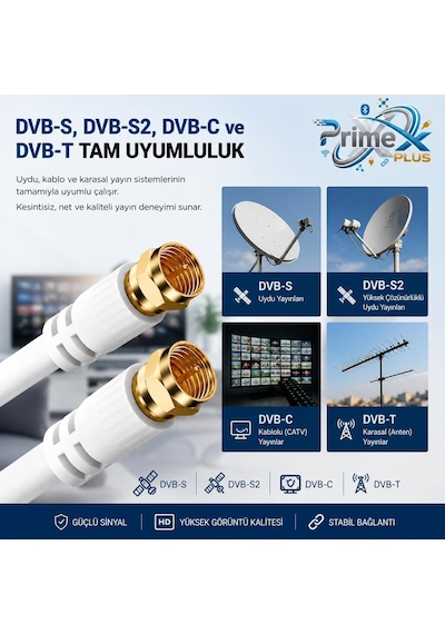 Px-tv1 1 Metre Rg6 Full Hd Tv Uydu Kablosu, Altın Uç Anten Kablosu, Dvb-t, Dvb-c, Dvb-s, Dvb-s2 Beyaz