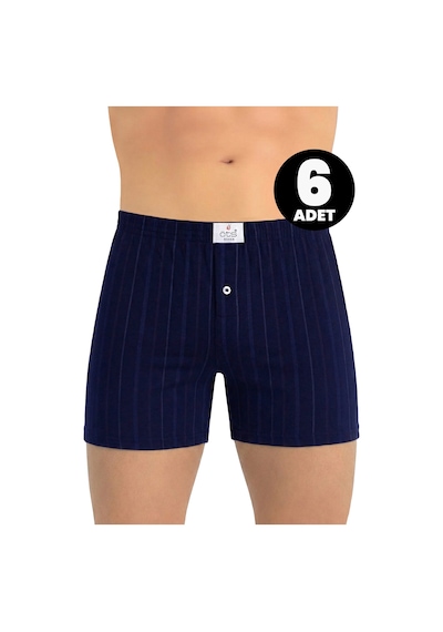 Öts Erkek 6 Lı %100 Pamuk Boxer Çizgili Düğmeli Özel Esnek Kalıp 2652-6 İndigo