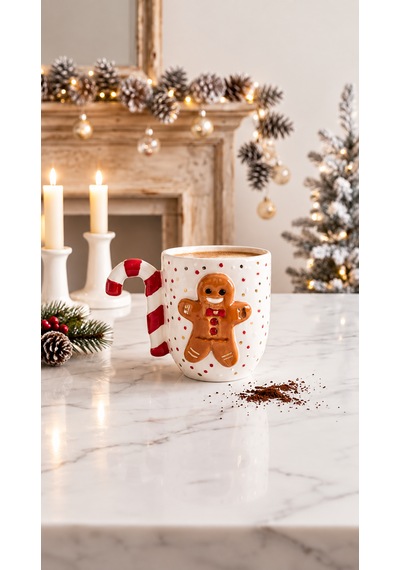Kurabiye Adam Figürlü El Yapımı Seramik Mug 300 Ml 24k Altın Kahverengi - Altın