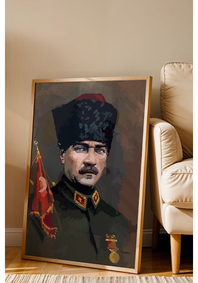 Mustafa Kemal Atatürk İllüstrasyon Portre Tablo Poster Ahşap Çerçeveli