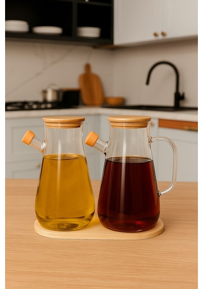 Makri Home 2'li 900 Ml Bambu Kapaklı Ve Altlıklı Borosilikat Cam Yağdanlık, Isıya Dayanıklı, Yağ/sirke/sosluk Sarı