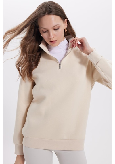 Tudors Kadın Relax Fit Rahat Kesim Pamuklu İçi Polarlı Yarım Fermuarlı Ekru Dik Yaka Sweatshirt-42196 Ekru