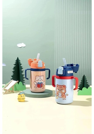 Rovco 400ml Silikon Pipetli Sevimli Ayıcıklı Boyun Askılı Bebek Kulplu Paslanmaz Çelik Termos Turuncu