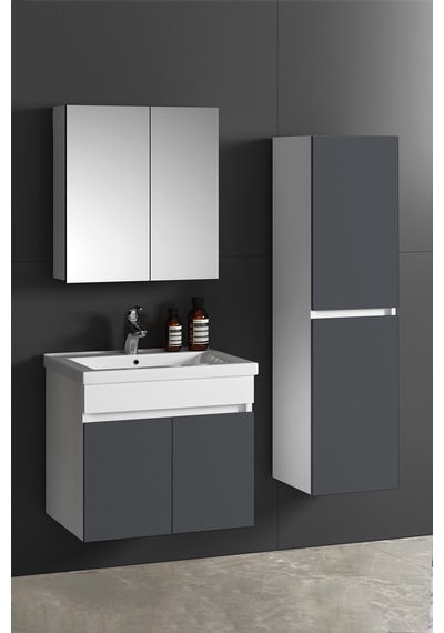 Çiğdem 55+35 Cm Beyaz-füme Balon Mdf Seramik Lavabolu Sepetli Asma Banyo Dolabı Takımı