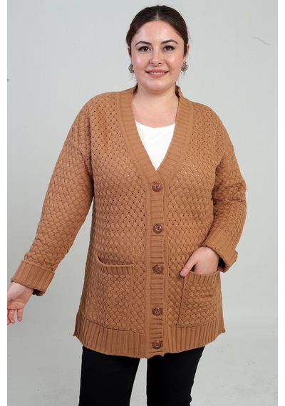 By Saygı Kadın Sepet Örgü Model Cepli Tunik Hırka Camel
