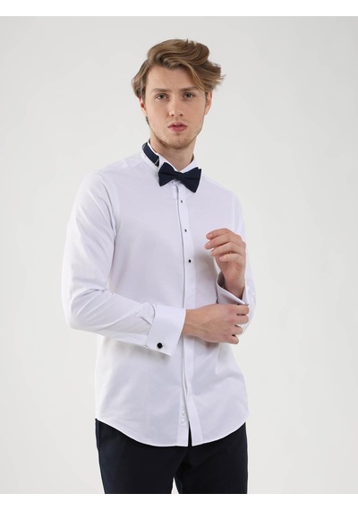 Dufy Beyaz Erkek Slim Fit Desenli Ata Yaka Duble Manşetli Kol Gömlek - 94408-beyaz Beyaz