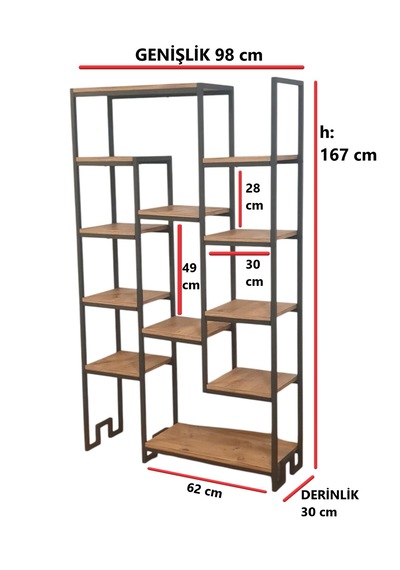 Çam Rengi Ahşap Raflı Metal Kitaplık 12 Raflı Ünite