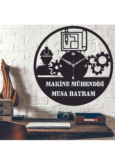 Makine Mühendisi Temalı Ahşap Duvar Saati Siyah