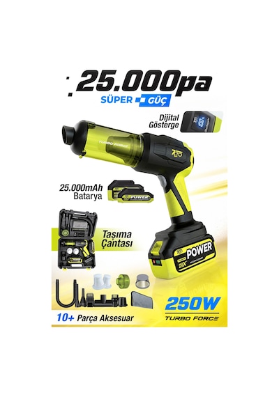7go 7gab-04 25.000 Pa Şarjlı Araç Süpürgesi Ve Hava Üfleme Makinesi 90.000 Rpm Fırçasız Motor, 2's Yeşil