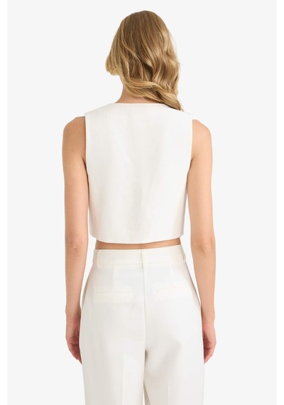 Defacto Crop V Yaka Keten Karışımlı Blazer Yelek C7798ax25smer105 Ekru